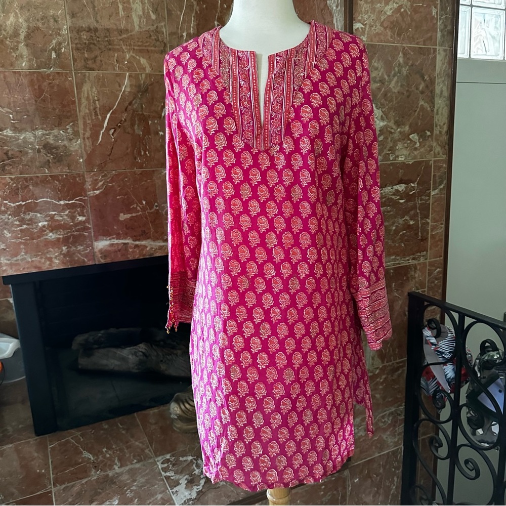EAST ARTISAN with ANOKHI Floral Cotton Tunic Dress Top Size 10 Colors Pink Gold